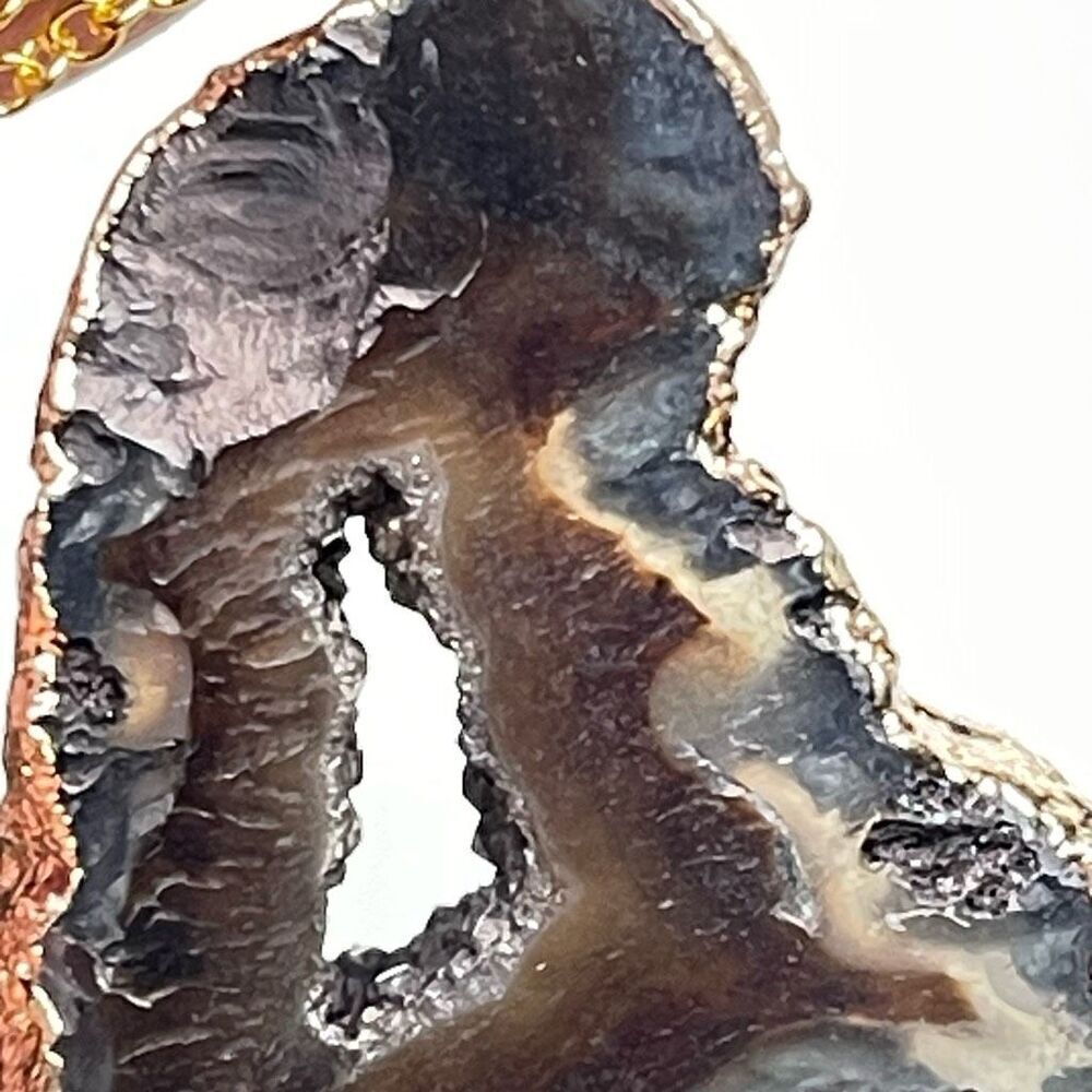Brown druzy agate crystal quartz geode slice pendant necklace golden wrap gold t - Picture 10 of 13